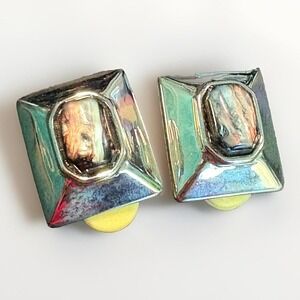 Vintage 80s Silver Clip-On Earrings Geometric Iridescent Retro Futuristic